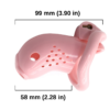 SissyPrison-PinkPlasticChastityDevice_1.png Sissy Prison - Pink Plastic Chastity Cage dimensions showing 99mm, 3.90in, 58mm