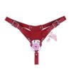 Pink and white cage with red belt, front view