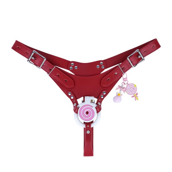 Pink and white cage with red belt, front view