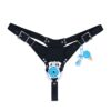 Blue and white cage with black belt, front view