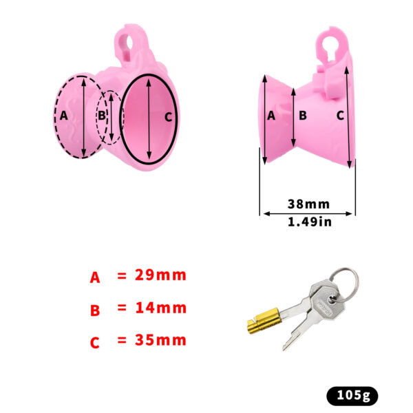 Exposed Inverted Chastity Cage dimensions showing 38mm, 1.49in, 29mm