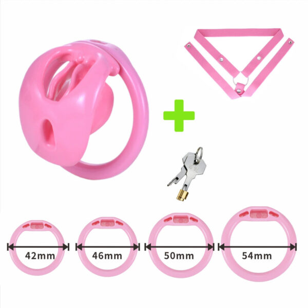 feminine-shell-resin-chastity-cage-with-optional-belt-05.jpg Pink cage with matching three-way belt and four ring sizes