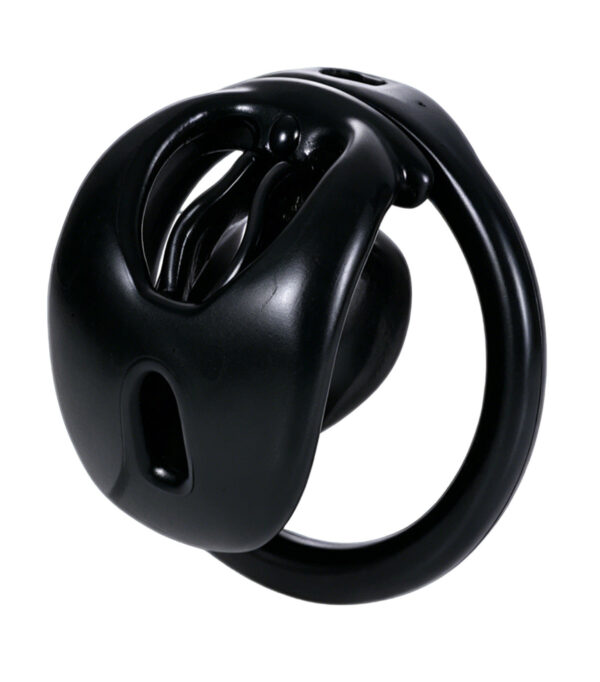feminine-shell-resin-chastity-cage-with-optional-belt-08.jpg Black cage angled side view