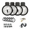Black and clear four-in-one chastity cage set with base rings and accessories