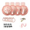 Solid pink four-in-one chastity cage set with base rings and accessories