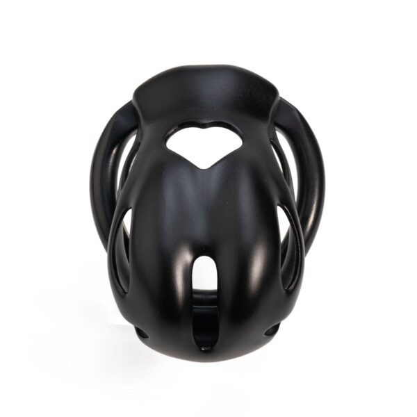 heart-cutout-resin-chastity-cage-with-optional-belt-black-front.jpg Black heart cutout resin chastity cage front view