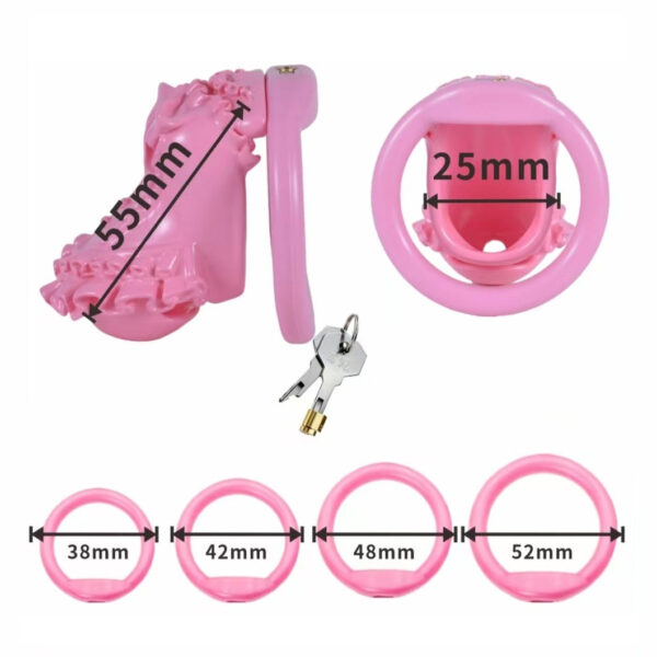 Lottery's Dress Chastity Cage dimensions showing 5mm, 38mm, 42mm