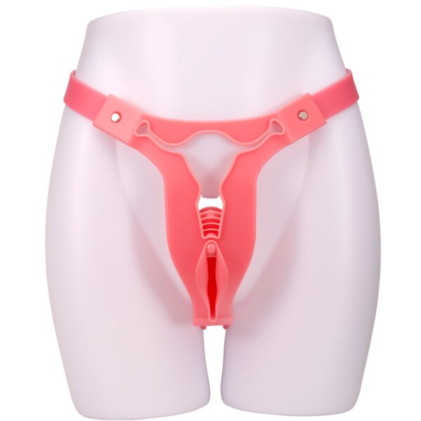 Pink Cross-Dressing Chastity Cage with Waist Strap, Nylon and platinum liquid silicone, gallery view 4
