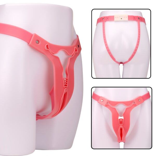 Pink Cross-Dressing Chastity Cage with Waist Strap, Nylon and platinum liquid silicone, gallery view 2