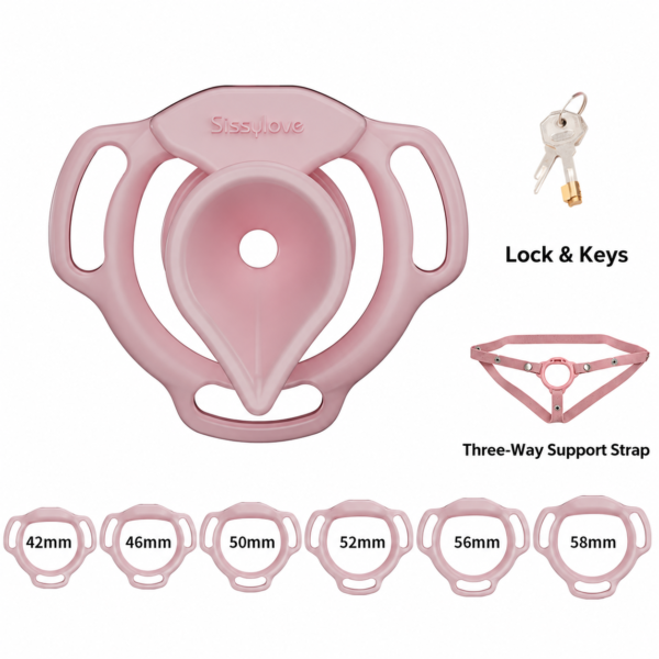 Pink Moon Drop complete set with lock, keys, three-way support strap and six rings measuring 42, 46, 50, 52, 56 and 58 mm