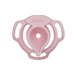 Pink Moon Drop flat chastity cage front view with teardrop-shaped cup
