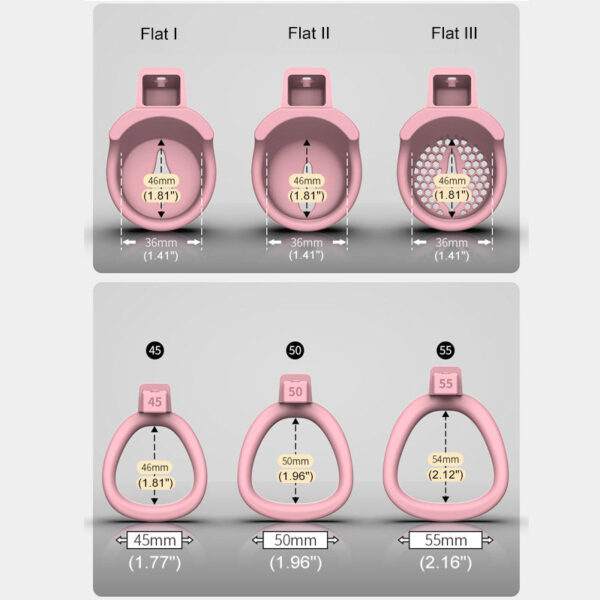 JEUSN Pink Flat Chastity Cage dimensions showing 45mm, 50mm, 55mm