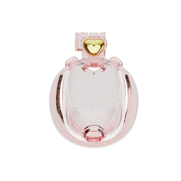 Transparent pink heart resin chastity cage, front view