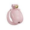 Solid pink heart resin chastity cage from an angle