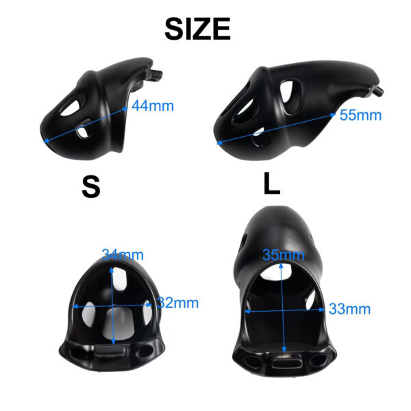 Resin Penile Confinement Chastity Cage dimensions showing 44mm, 55mm, 2mm