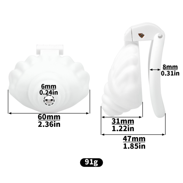 Shell Shaped Sissy Chastity Cage dimensions showing 8mm, 0.31in, 6mm detail 9