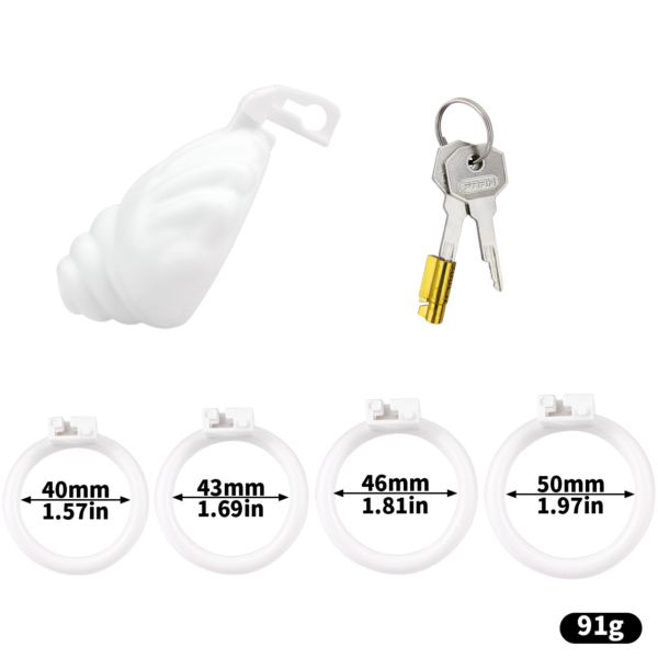 Shell Shaped Sissy Chastity Cage dimensions showing 40mm, 1.57in, 43mm detail 12