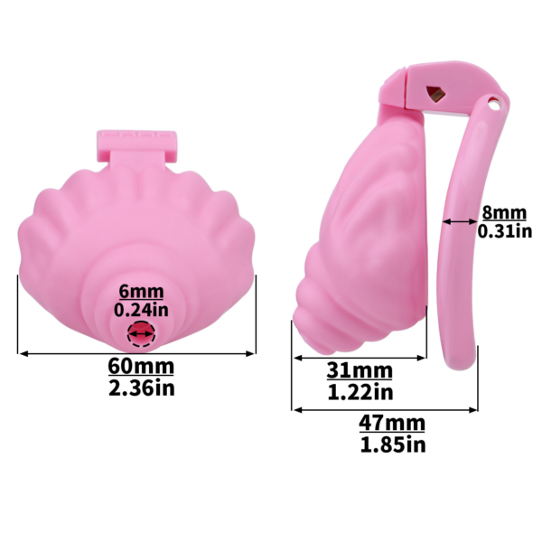 Shell Shaped Sissy Chastity Cage dimensions showing 8mm, 0.31in, 6mm