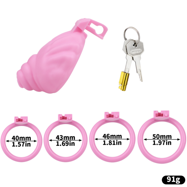 Shell Shaped Sissy Chastity Cage dimensions showing 40mm, 1.57in, 43mm detail 5