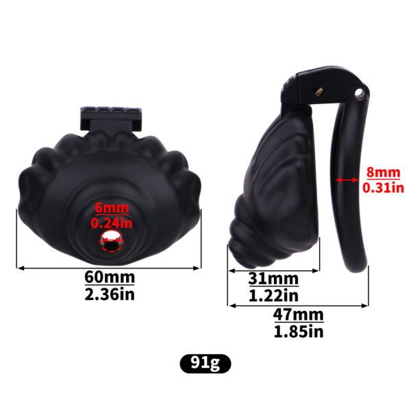Shell Shaped Sissy Chastity Cage dimensions showing 8mm, 0.31in, 60mm