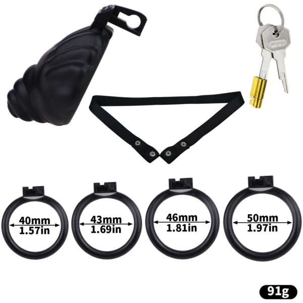 Shell Shaped Sissy Chastity Cage dimensions showing 40mm, 1.57in, 43mm detail 7