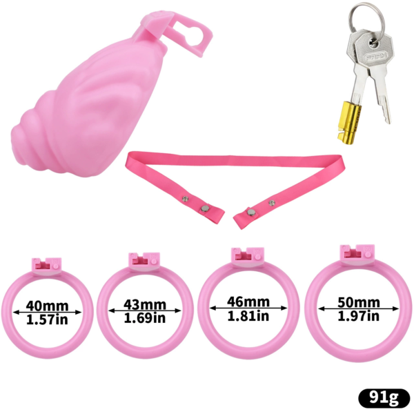 Shell Shaped Sissy Chastity Cage dimensions showing 40mm, 1.57in, 43mm