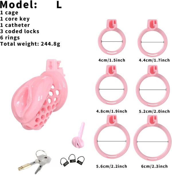 Sissy Silicone Chastity Cage dimensions showing 5in, 7in, 9in