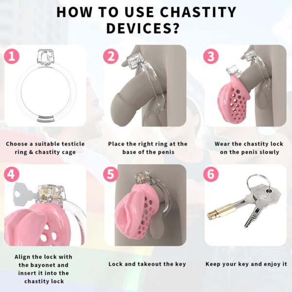 Sissy Silicone Chastity Cage shown with key, lock and accessories