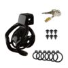 Black spider-frame plastic chastity cage with six included base rings