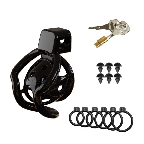 spider-frame-plastic-chastity-cage-with-silicone-studs-black-set.jpg Black spider-frame plastic chastity cage with six included base rings