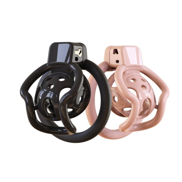 spider-frame-plastic-chastity-cage-with-silicone-studs-pink-and-black-colors.jpg Pink and black color options of the spider-frame plastic chastity cage