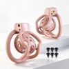 Pink spider-frame plastic chastity cage shown from front and side with removable silicone studs