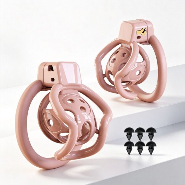 spider-frame-plastic-chastity-cage-with-silicone-studs-pink-front-and-side.jpg Pink spider-frame plastic chastity cage shown from front and side with removable silicone studs