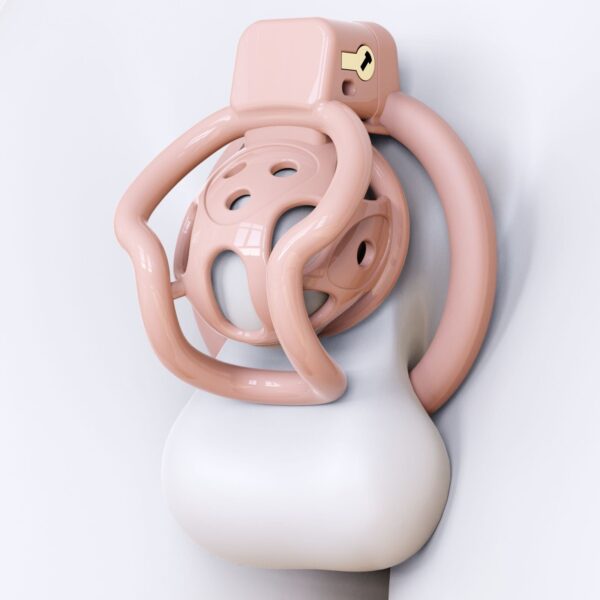 spider-frame-plastic-chastity-cage-with-silicone-studs-pink-on-form.jpg Pink spider-frame plastic chastity cage front view on display form