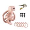 Pink spider-frame plastic chastity cage with six base rings, silicone studs, lock and keys