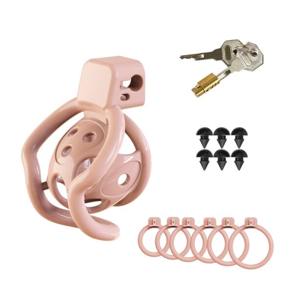 spider-frame-plastic-chastity-cage-with-silicone-studs-pink-set.jpg Pink spider-frame plastic chastity cage with six base rings, silicone studs, lock and keys