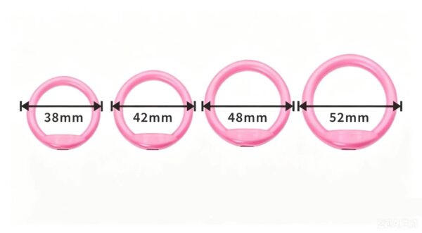 Starfall Bow Chastity Cage dimensions showing 38mm, 42mm, 48mm